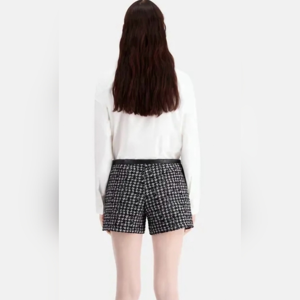 The Kooples Houndstooth/Tweed High- Waisted Shorts W/ Leather Trim - Picture 5 of 8